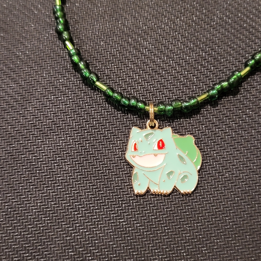 Pokemon Green Beaded Necklace with Bulbasaur Pendant